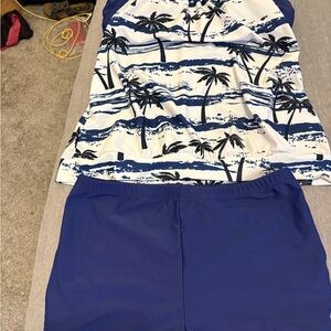Blue and White Palm Tree Tankini Set